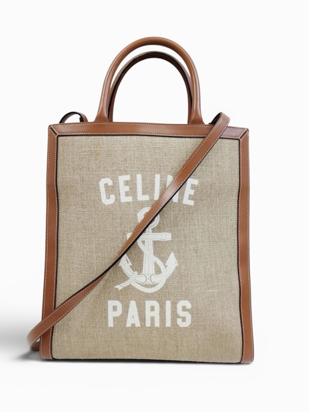 Celine Canvas Tote with Brown Leather Trim and White Logo
